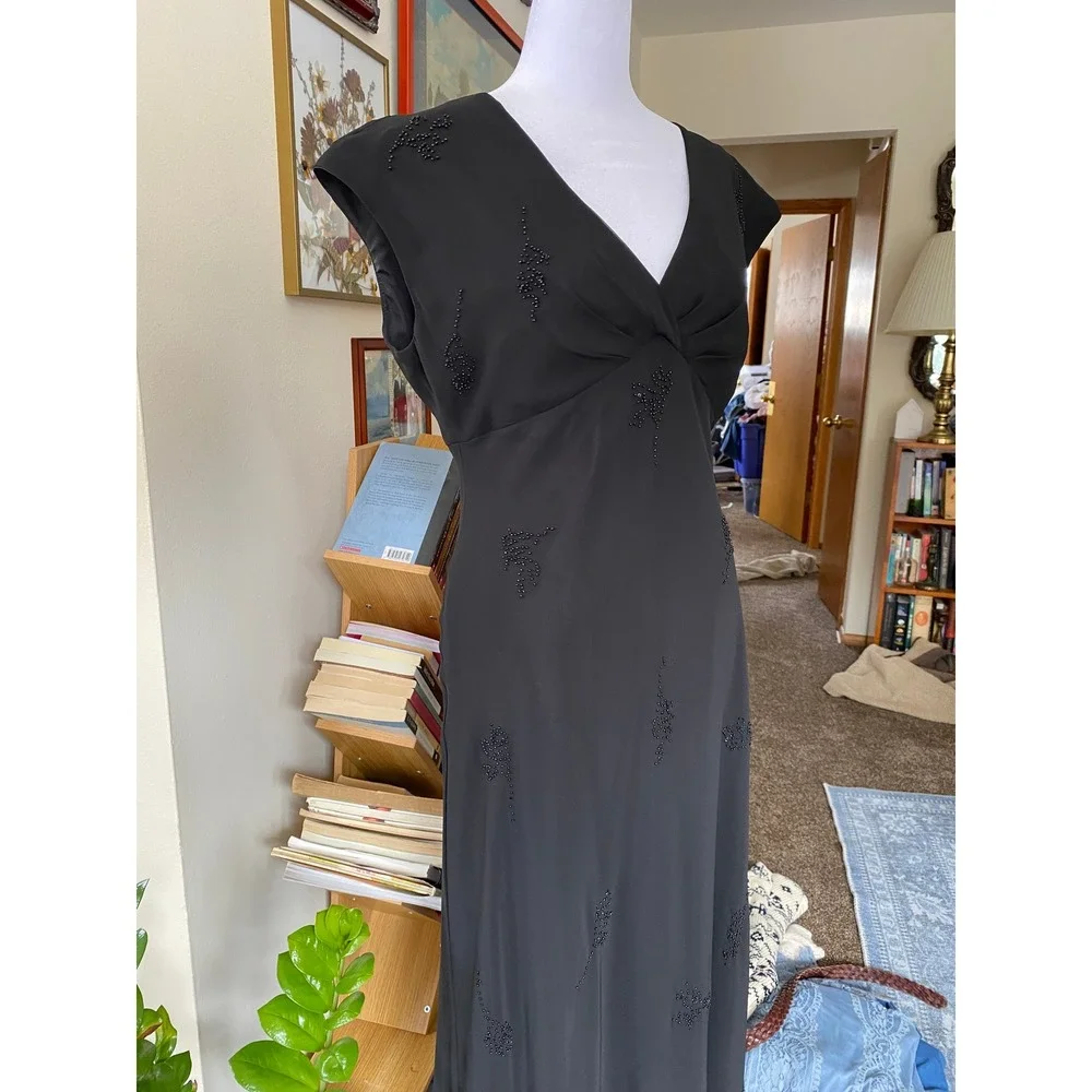 Vintage 1990s Beaded Sheer Empire Waist Black Midi Dress 10 Formal Silky Y2K - Picture 5 of 8